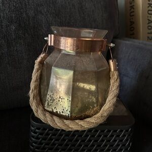 Glass and Rope Lantern with Copper Accent - Brass-Toned